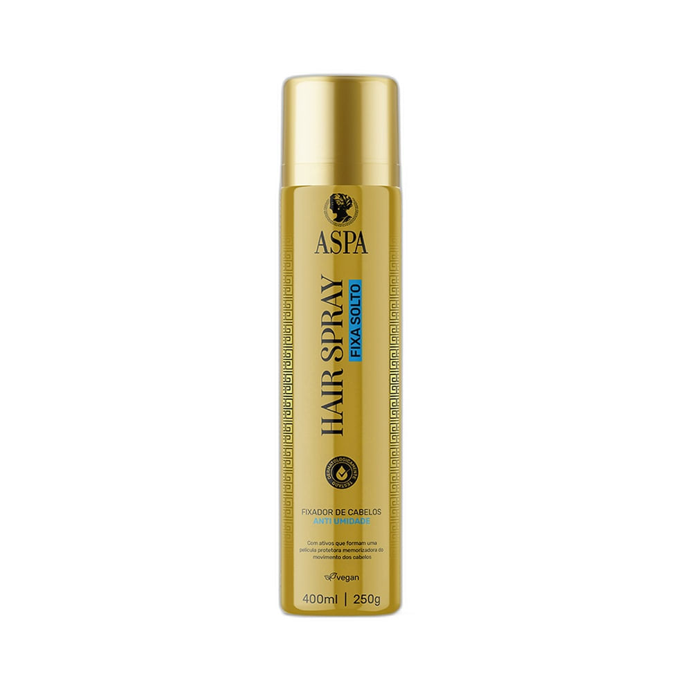 Frasco dourado do Hair Spray Aspa Fixa Solto 400ml com tampa dourada e design elegante